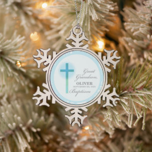 Great Grandson Baptism Blue Lace Personalized Snowflake Pewter Christmas Ornament