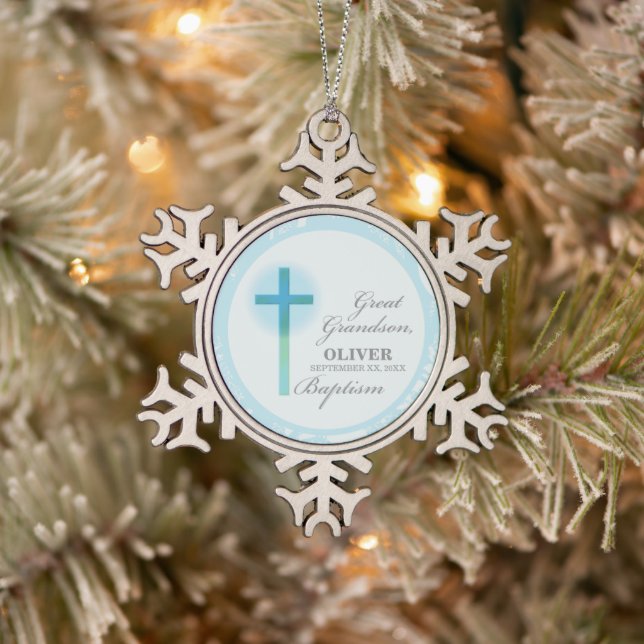 Great Grandson Baptism Blue Lace Personalized Snowflake Pewter Christmas Ornament (Tree)