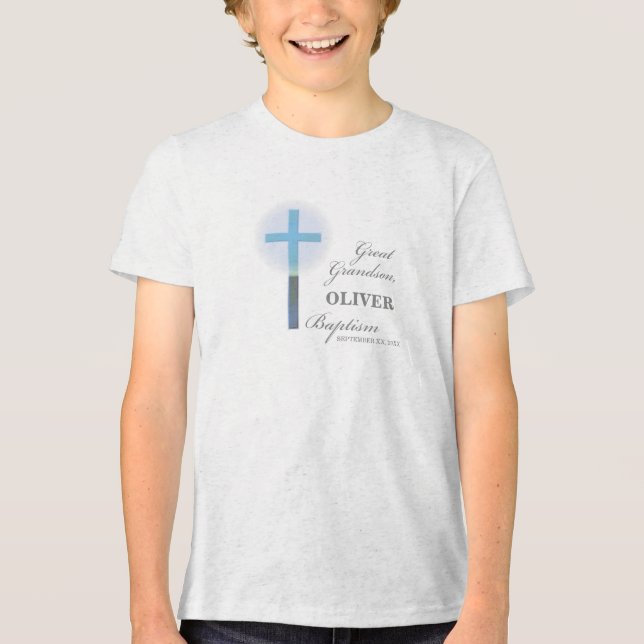 Great Grandson Baptism Blue Lace Personalized Tri-Blend Shirt (Front)