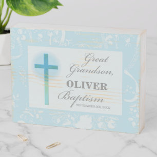 Great Grandson Baptism Blue Lace Personalized Wooden Box Sign