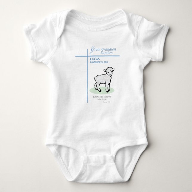 Great Grandson Baptism Blue Lamb Personalized Baby Bodysuit (Front)