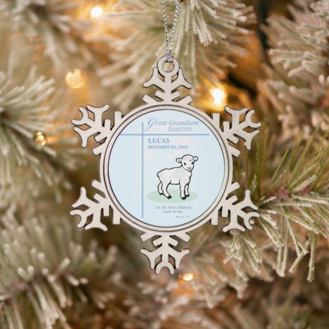 Great Grandson Baptism Blue Lamb Personalized Snowflake Pewter Christmas Ornament (Tree)