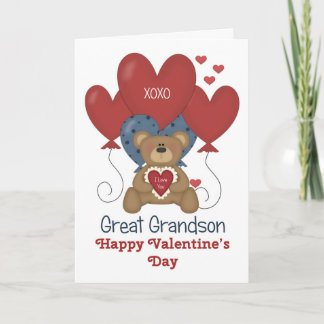 Great Grandson Bear and Balloons Valentine Holiday Card