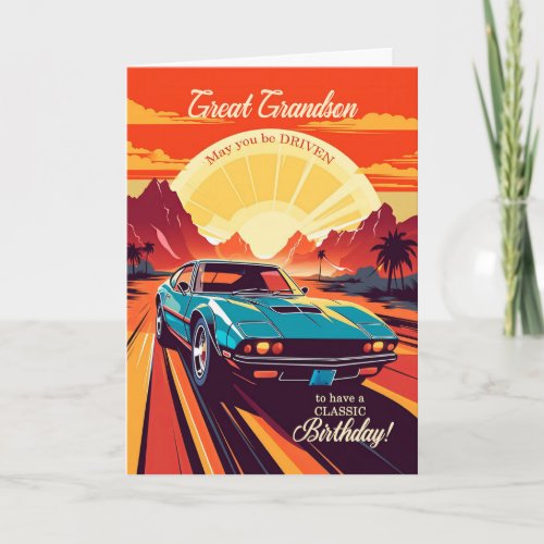 Great Grandson Birthday Car Retro 70s Theme Card