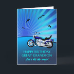 Great Grandson Birthday Motorbike Sunset Card<br><div class="desc">Happy birthday great grandson card with a motorbike. A perfect card for a biker. A blue motorbike with a stylized sunset and flying birds. Any bike enthusiast will love to get a card like this.</div>