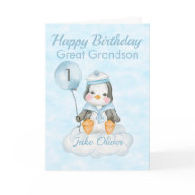 Great Grandson Blue Penguin 1st Birthday Card