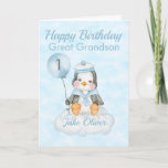 Great Grandson Blue Penguin 1st Birthday Card<br><div class="desc">A cute Great Grandson 1st birthday baby penguin birthday card. The card features a baby boy penguin sitting on a cloud holding a balloon. A sweet design for your great grandson or grandson who will be 1 year old. Add the child, s name to the front of the card to...</div>