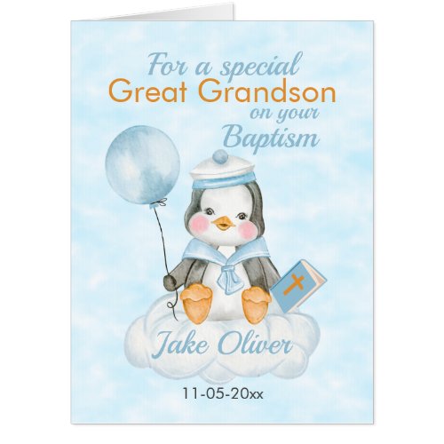 Great Grandson Blue Penguin Baptism Big Card