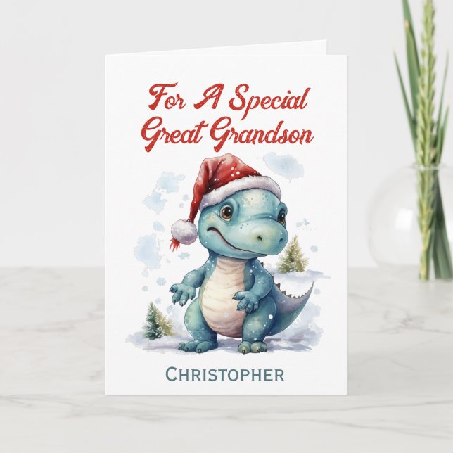 Great Grandson Christmas Dinosaur Holiday Card (Front)