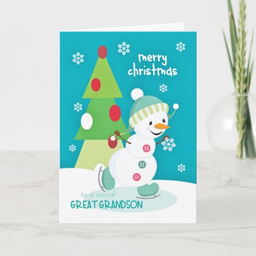Great Grandson Christmas Snowman Ice Skating Holiday Card