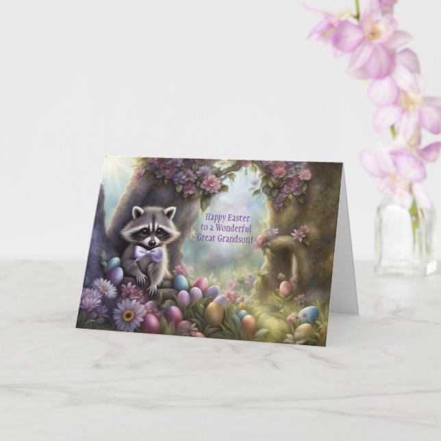 Great Grandson Cute Raccoon Happy Easter  Card (Orchid)