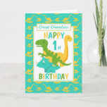 Great Grandson Dinosaur 1st Birthday Blue Card<br><div class="desc">A fun 1st birthday card. This bright first birthday card features a cartoon green T-Rex dinosaur, a yellow Brontosaurus and a blue Triceratops, set on a blue and yellow dinosaur background A lovely cute design for your great Grandson or Great Nephew boy who will be one years old. The birthday...</div>
