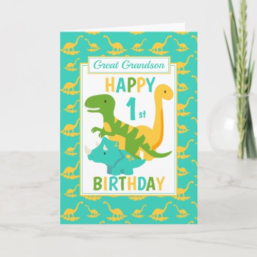 Great Grandson Dinosaur 1st Birthday Blue Card
