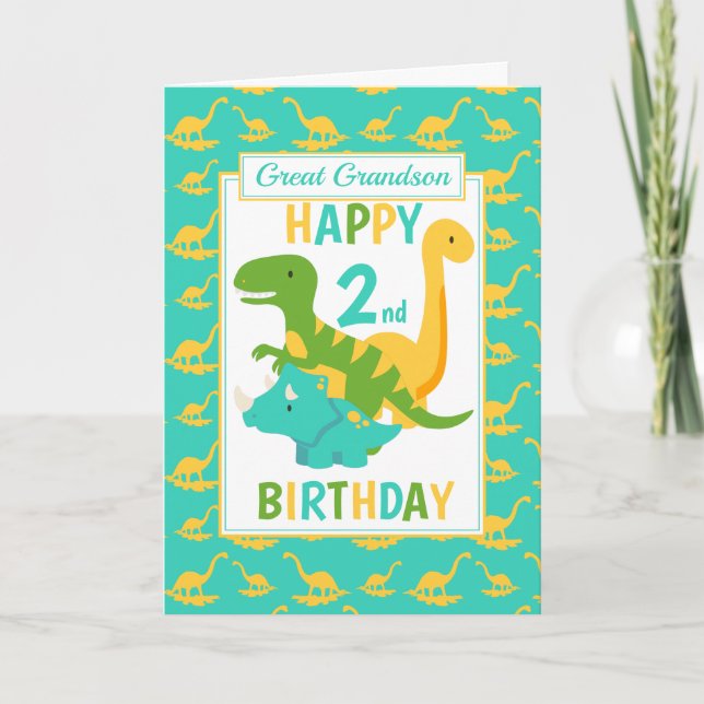 Great Grandson Dinosaur 2nd Birthday Blue Card (Front)