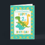 Great Grandson Dinosaur 2nd Birthday Blue Card<br><div class="desc">A fun 2nd birthday card for your great grandson. This bright first birthday card features a cartoon green T-Rex dinosaur, a yellow Brontosaurus and a blue Triceratops, set on a blue and yellow dinosaur background A lovely cute design for a little boy who will be two years old. The birthday...</div>