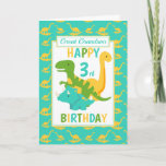 Great Grandson Dinosaur 3rd Birthday Blue Card<br><div class="desc">A fun 3rd birthday card for your great grandson. This bright third birthday card features a cartoon green T-Rex dinosaur, a yellow Brontosaurus and a blue Triceratops, set on a blue and yellow dinosaur background A lovely cute design for a little boy who will be three years old. The birthday...</div>
