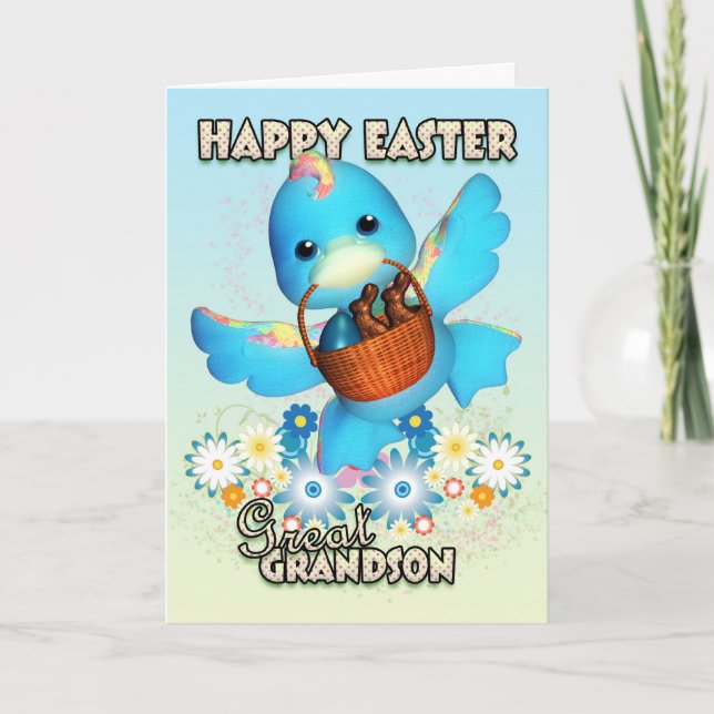 Great Grandson Easter Card - Cute Duck With Basket (Front)