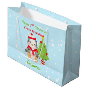 Great Grandson Happy 1st Christmas Penguin Large Gift Bag