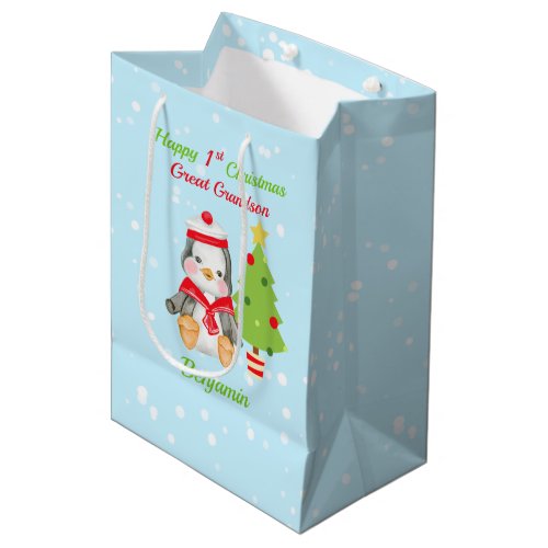 Great Grandson Happy 1st Christmas Penguin Medium Gift Bag