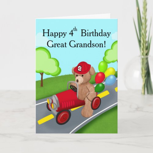Great Grandson Happy 4th Birthday Bear Firetruck Card