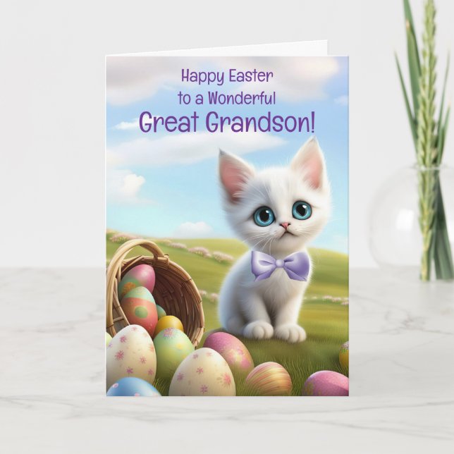 Great Grandson Happy Easter with Cute White Kitten Card (Front)