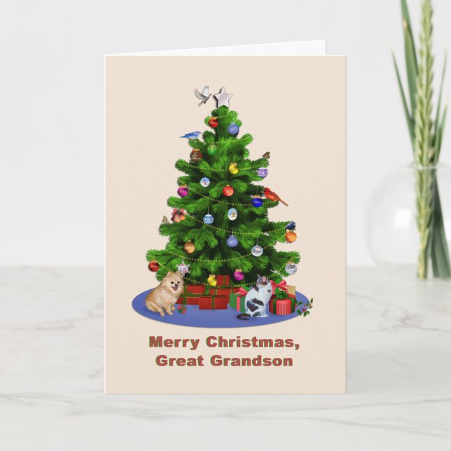 Great Grandson, Merry Christmas Tree, Birds, Dog Holiday Card (Front)
