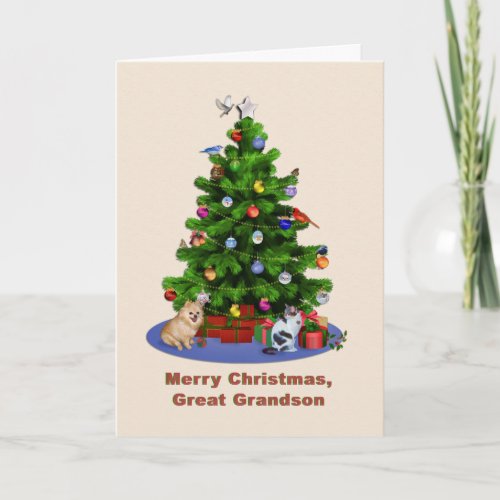 Great Grandson Merry Christmas Tree Birds Dog Holiday Card