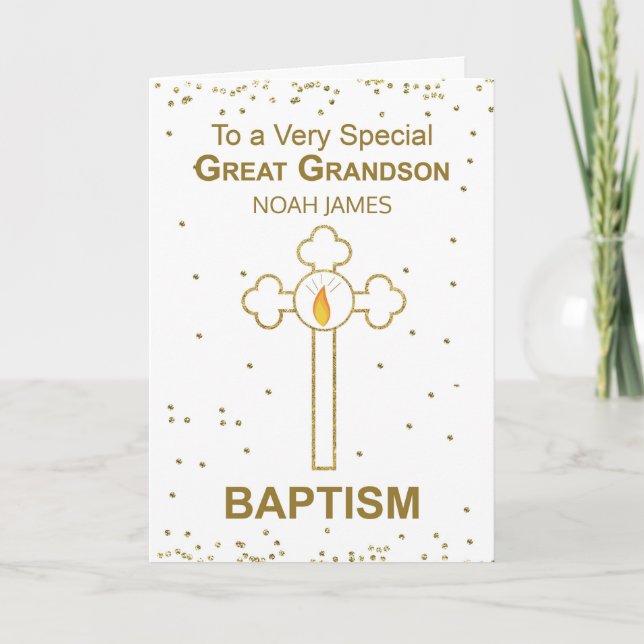 Great Grandson Personalized Name Baptism Gold Look Card (Front)