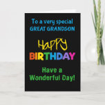 Great grandson Rainbow Colors on Black Birthday Card<br><div class="desc">A colorful Birthday Card for a Great-grandson,  with brightly colored lettering on a black background,  the word 'happy' in yellow and the word 'birthday' in rainbow colors.</div>