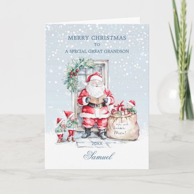 Great Grandson Santa Elf's Christmas Presents Holiday Card (Front)