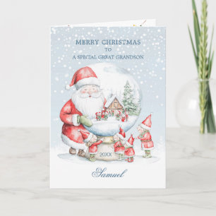 Great Grandson Snow Globe Santa Elf Christmas Holiday Card