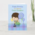 Great Grandson Special Happy Birthday with Boy Card<br><div class="desc">A sweet card for a Special Great Grandson, featuring a blue background with lower blue plaid and a sweet little boy wearing a blue and yellow shirt and jeans. There is a green cupcake in front of the little boy and balloons floating around. Boy and cupcake original design by Cheryl...</div>