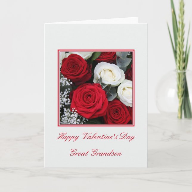 Great Grandson Valentine's red and white roses Holiday Card (Front)