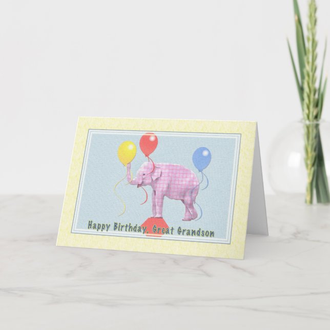 Great Grandson's Birthday Card with Pink Elephant (Front)