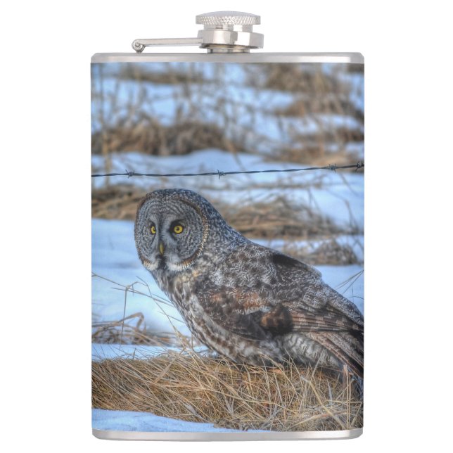 Great Gray Owl and Snow Wildlife Raptor Photo Flask (Front)