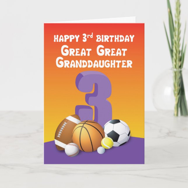 Great Great Granddaughter 3rd Birthday Sports Ball Card (Front)