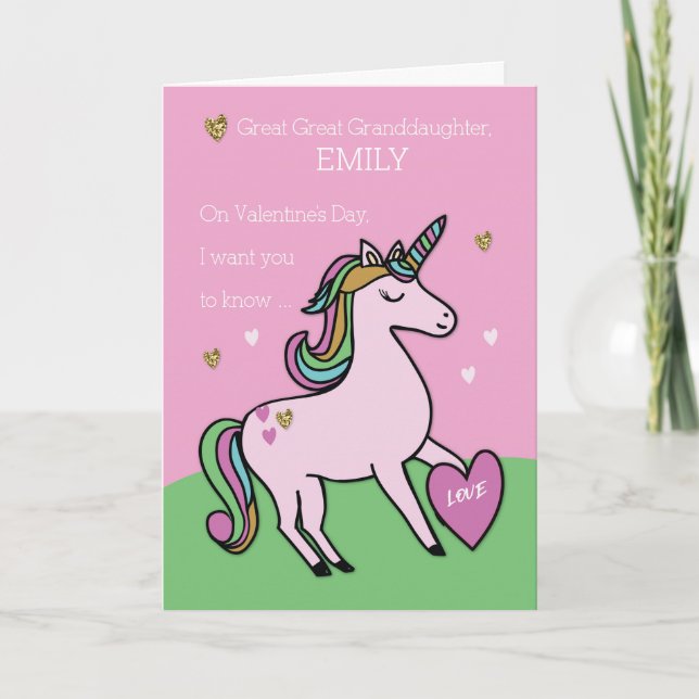 Great Great Granddaughter, Unicorn Valentine's Day Card (Front)