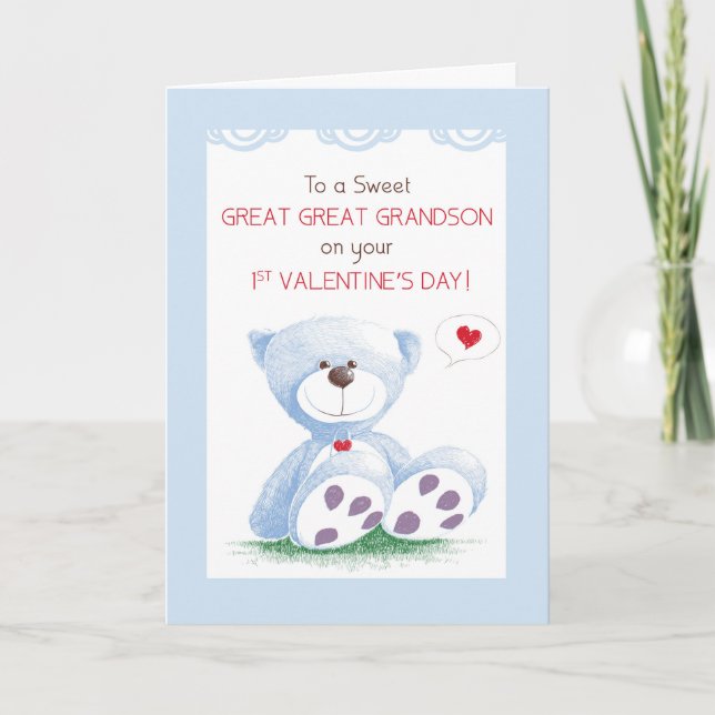 Great Great Grandson 1st Valentines Day Blue Teddy Card (Front)