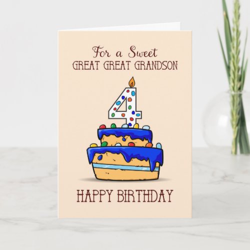 Great Great Grandson 4th Birthday Sweet Blue Cake Card