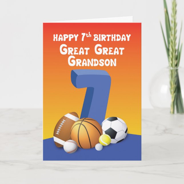 Great Great Grandson 7th Birthday Sports Balls Card (Front)