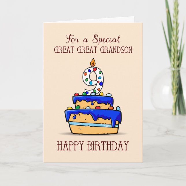 Great Great Grandson 9th Birthday, Sweet Blue Cake Card (Front)
