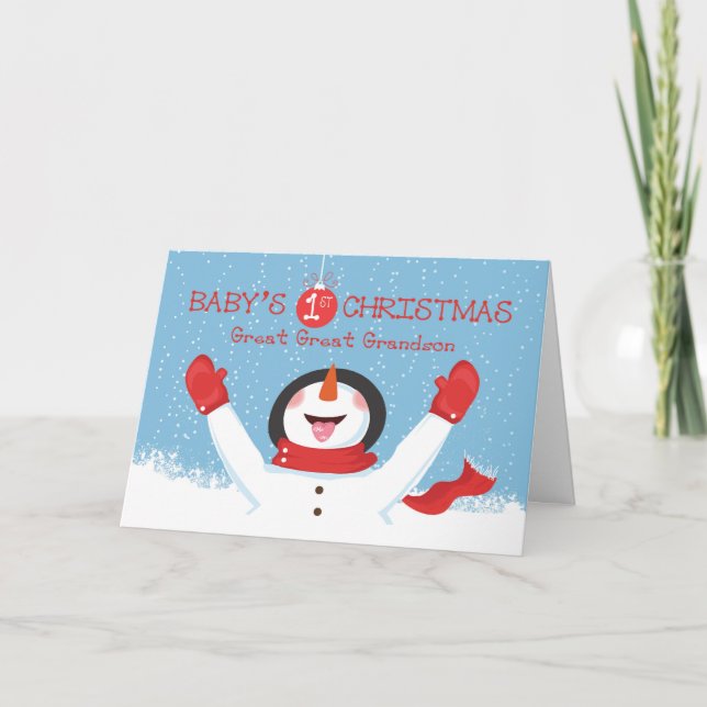 Great Great Grandson Babys First Christmas Snowman Card (Front)