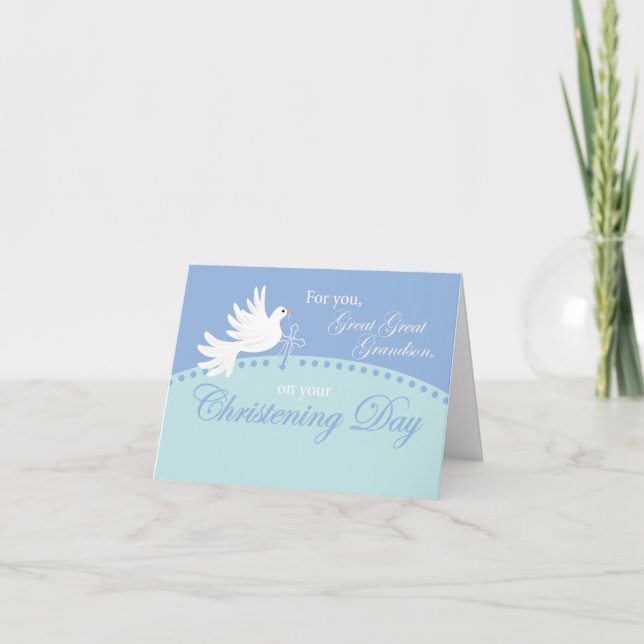 Great Great Grandson Christening Dove on Blue Card (Front)