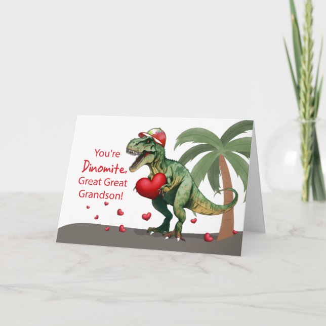 Great Great Grandson Valentine Dinosaur Hat Hearts Card (Front)