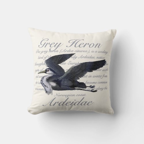 Great Grey Heron Coastal Bird Throw Pillow