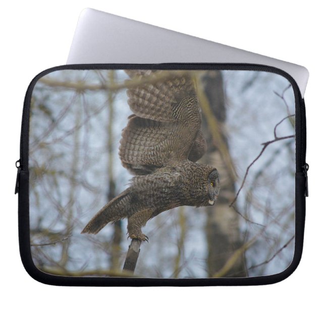 Great Grey Owl Launching in Forest Laptop Sleeve (Front)