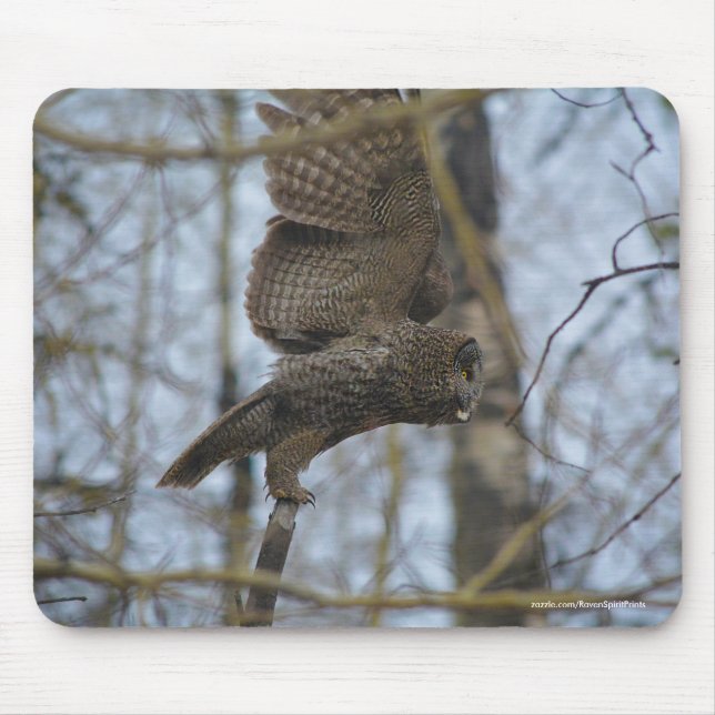 Great Grey Owl Launching in Forest Wildlife Photo Mouse Pad (Front)