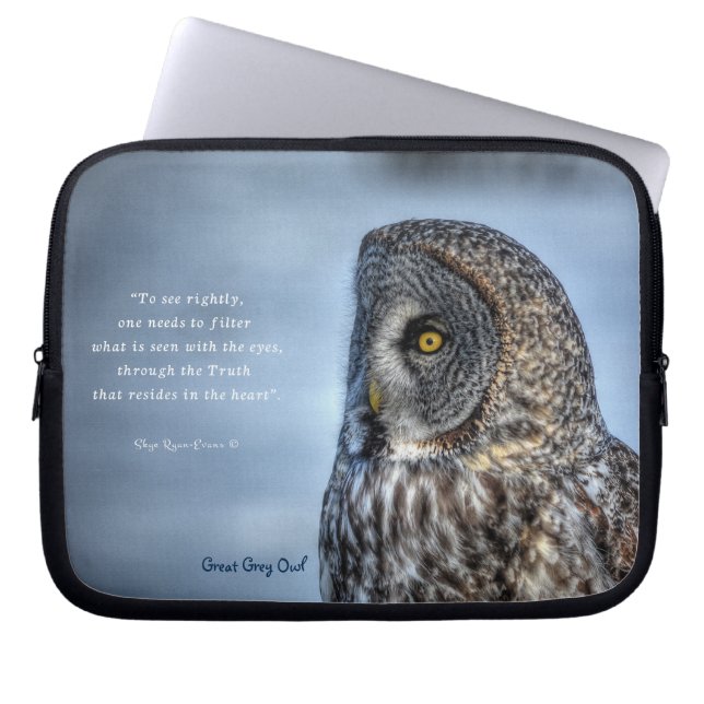Great Grey Owl Raptor Wildlife Photo and Poem Laptop Sleeve (Front)