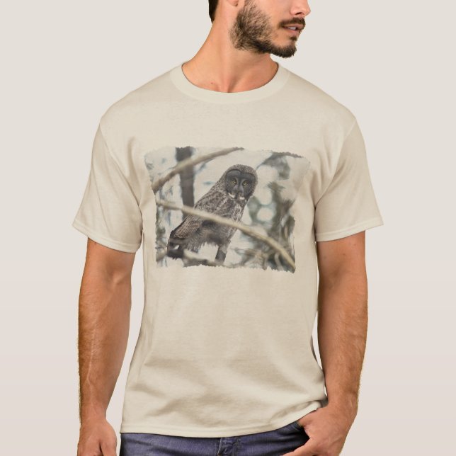 Great Grey Owl with Mouse Wildlife Art T-Shirt (Front)
