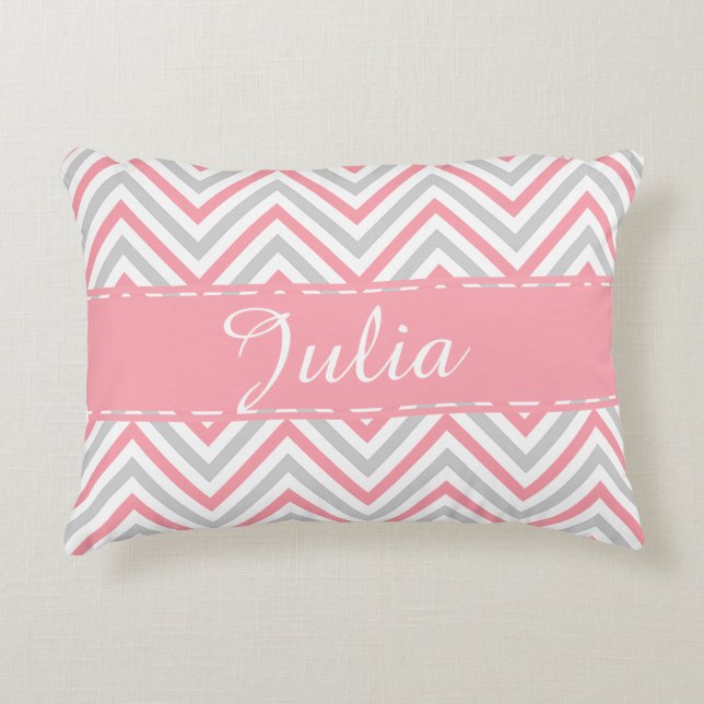Great Grey Zig Zag Pattern Ribbon Rose Name Accent Pillow (Front)